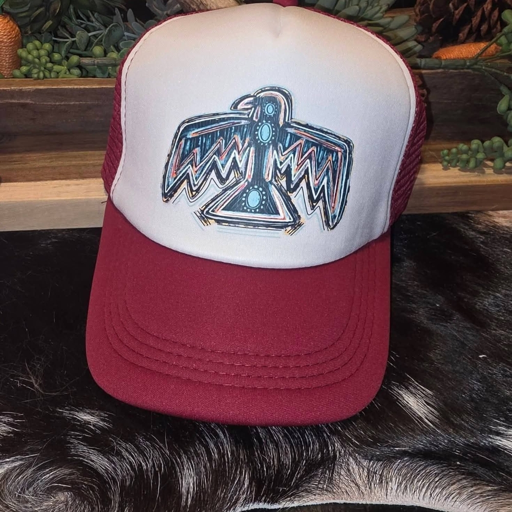 Embroidered Thunderbird Trucker Hat - Maroon and White